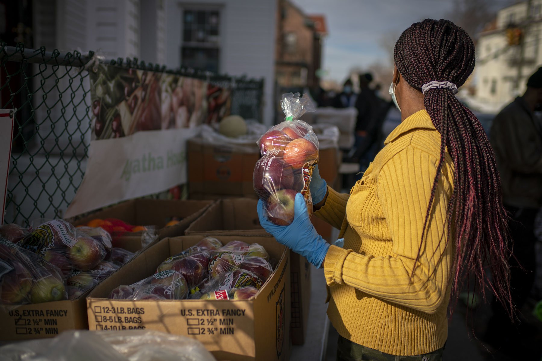 New York State apples being distributed outside of Agatha House in the Bronx.