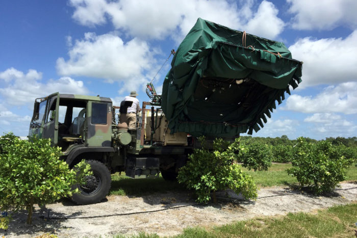 Thermotherapy trucks cover infected citrus trees with a canopy to heat treat them significantly reducing the amount of disease in the trees and increasing their productivity. (Photo CC-licensed by the USDA)