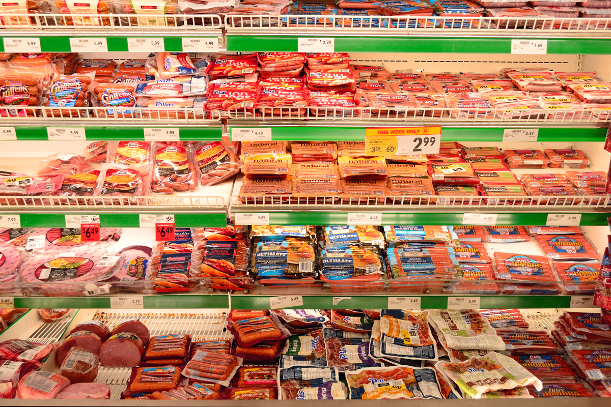 a row of meat products in a supermarket (CC-licensed by Raysonho on Wikimedia Commons.)