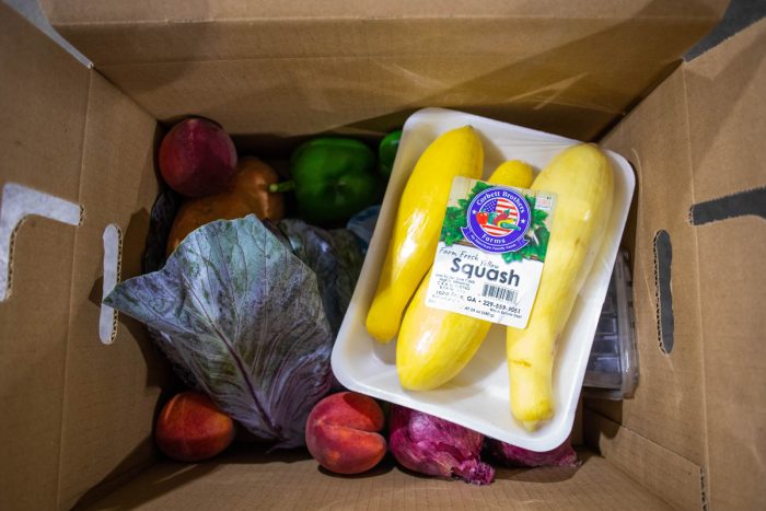 Squash, cabbage, peaches, peppers and other fresh, local food included in a USDA Farm Box (Photo by Emma Rolader for The Common Market)