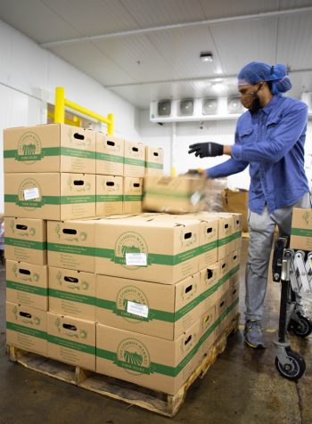 Stacking pallets of USDA Farm Boxes at the Common Market warehouse in Georgia. (Photo by Emma Rolader for The Common Market)