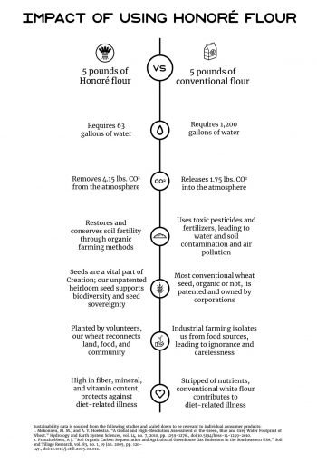 Infographic showing the impact of Honoré Mill and Farm's wheat versus conventionally grown and processed wheat.