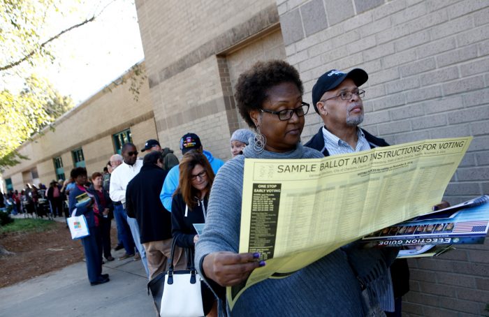 Voters line up at Charlotte Mecklenburg University City Library on October 24, 2016 in Charlotte, North Carolina. (Photo by Brian Blanco/Getty Images)