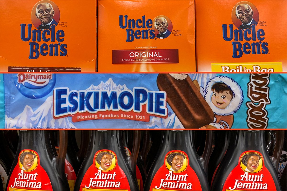 a collage of racist food packaging on supermarket shelves