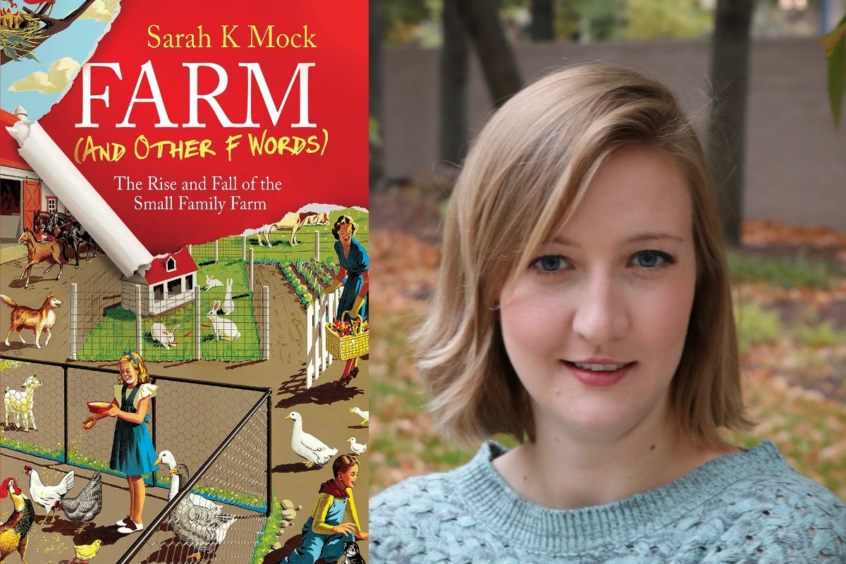 sarah k mock and the cover of her book, farm and other f words