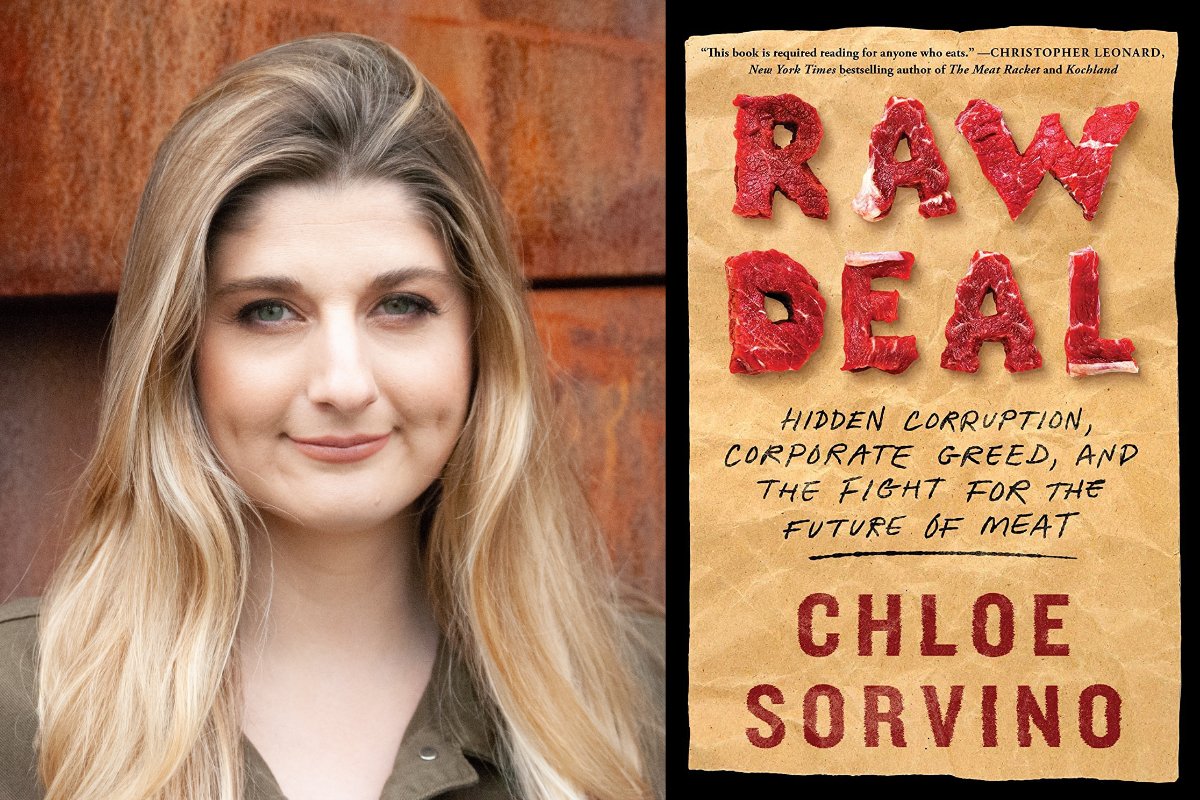 reporter chloe sorvino and the cover of her new book, raw deal