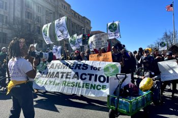 The Rally for Resilience marches to the U.S. Capitol building. Signs at the front read "Farmer-led climate solutions" and "Racial justice farm bill." (Photo by Lisa Held)