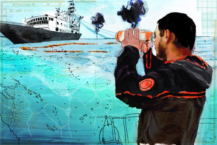 A watercolor-style illustration of a marine observer looking through binoculars at a tuna fishing vessel. (Illustration credit: Tina Zellmer)