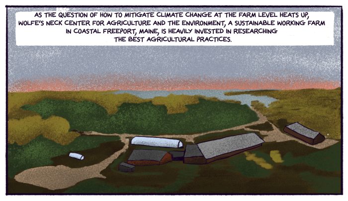 As the question of how to mitigate climate change at the farm level heats up, Wolfe’s Neck Center for Agriculture and the Environment, a sustainable working farm in coastal Freeport, Maine, is heavily invested in researching the best agricultural practices. (Illustration by Nhatt Nichols)