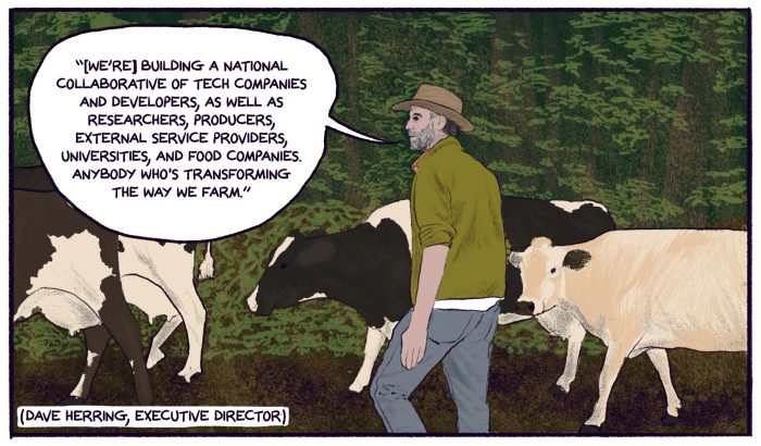 “[We’re] building a national collaborative of tech companies and developers, as well as researchers, producers, external service providers, universities, and food companies. Anybody who's transforming the way we farm.” Dave Herring, Executive Director (Illustration by Nhatt Nichols)