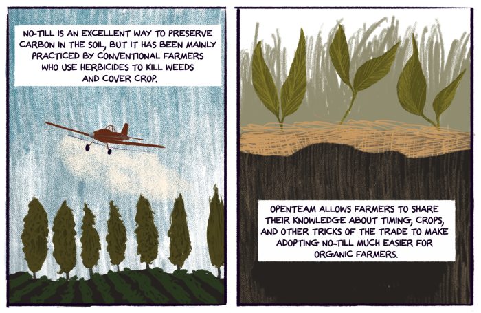 No-till is an excellent way to preserve carbon in the soil, but it has been mainly practiced by conventional farmers, who use herbicides to kill weeds and cover crop. (Illustration by Nhatt Nichols) OpenTEAM allows farmers to share their knowledge about timing, crops, and other tricks of the trade to make adopting no-till much easier for organic farmers. (Illustration by Nhatt Nichols)