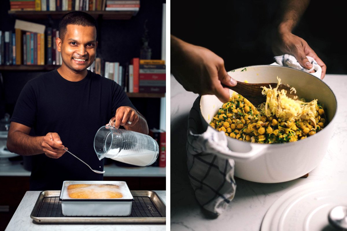 Nik Sharma baking at left, and tossing a chickpea dish at right. (Photo credit: Nik Sharma)