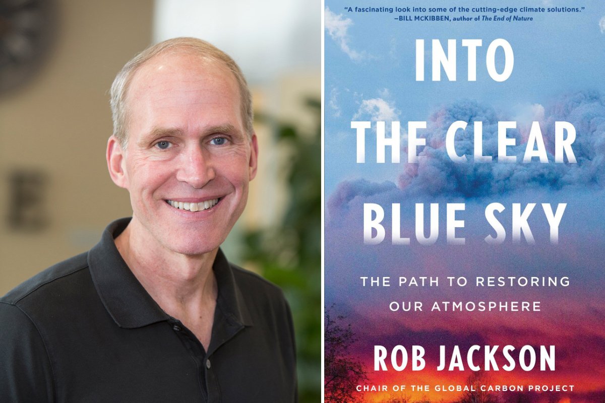 Rob Jackson and the cover of his book, Into the Clear Blue Sky