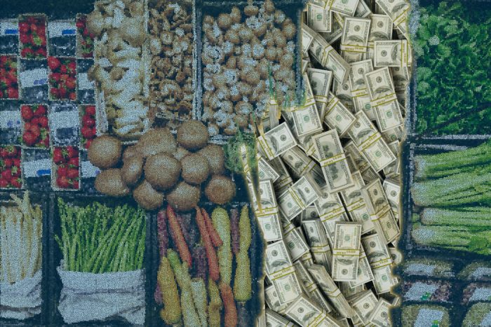 a gritty image of a produce section with dollar bills mixed in, showing the intertwined financial and food focuses of Walmart and the Walton Family